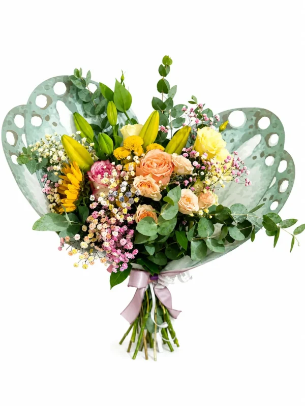 Buchet cu crini galbeni și floarea-soarelui