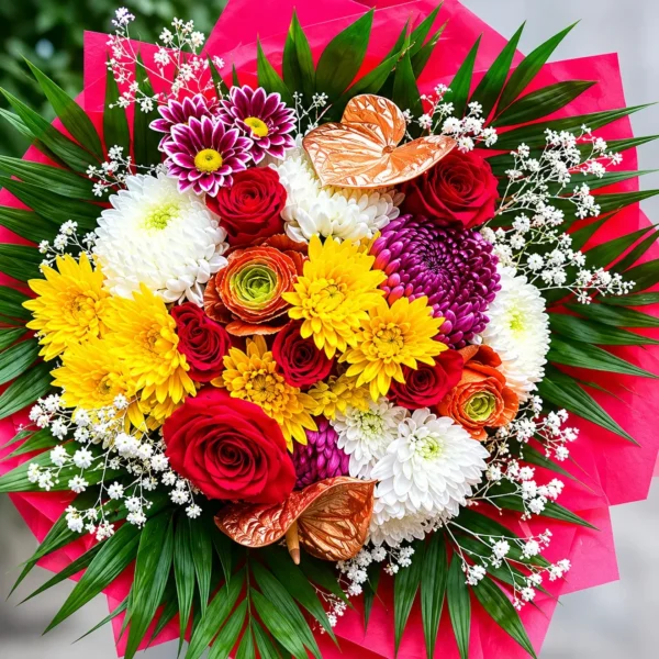 Buchet cu crizanteme galbene și anthurium bronz