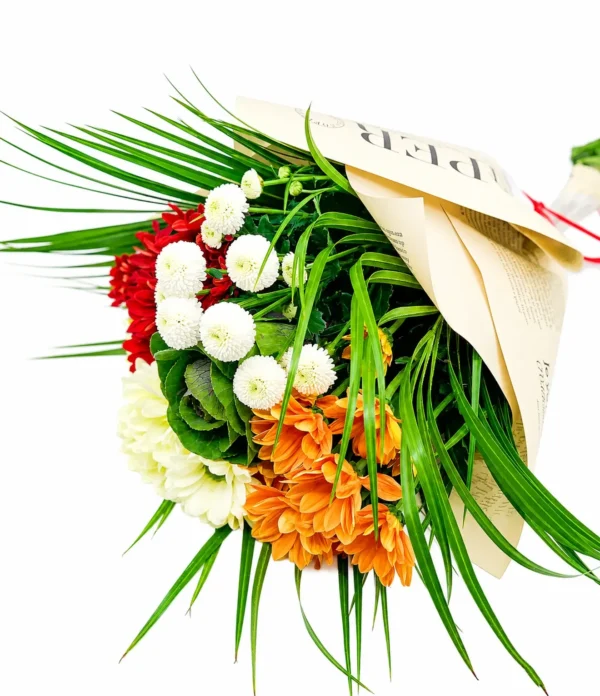 Buchet cu gerbera portocalie și crizanteme pompon