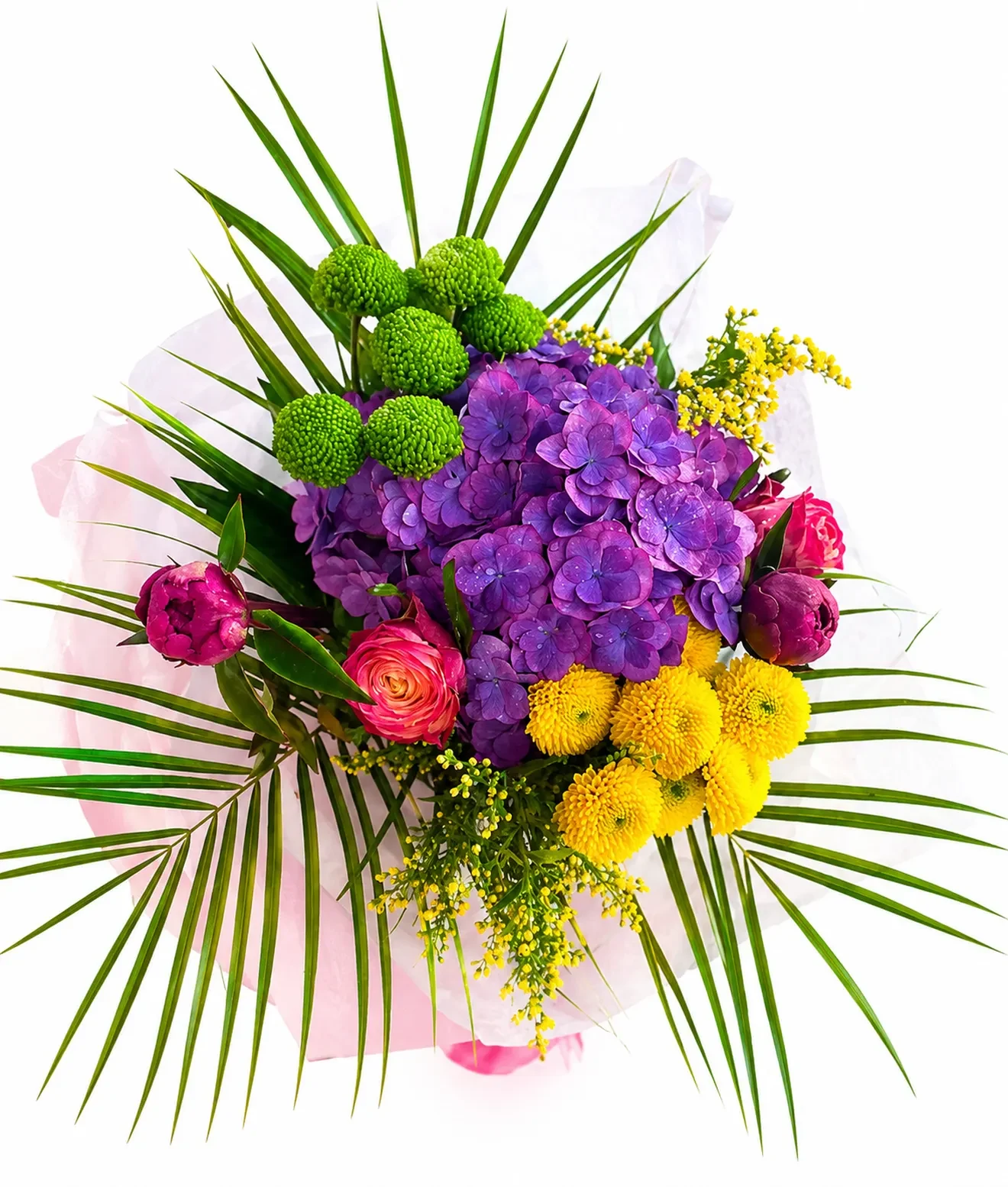 Buchet cu hortensie mov și crizanteme pompon