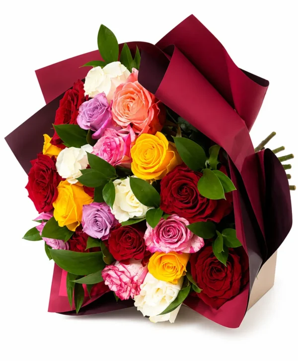 Buchet cu trandafiri multicolori curcubeu