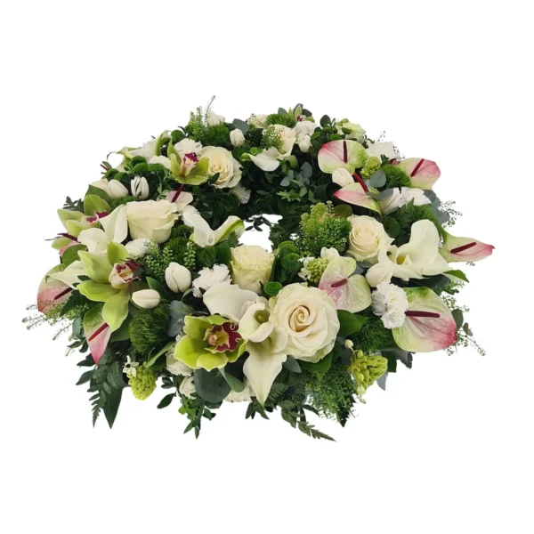 Coroană cu cale, anthurium și orhidee cymbidium verde