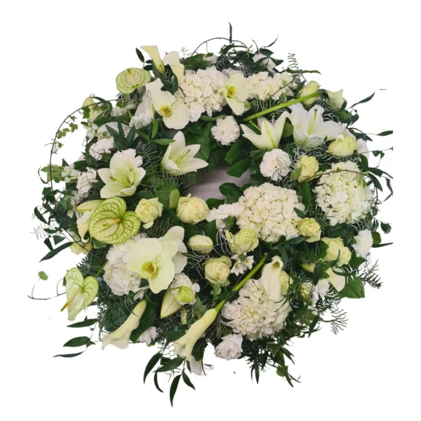 Coroană cu cale, crini și anthurium alb