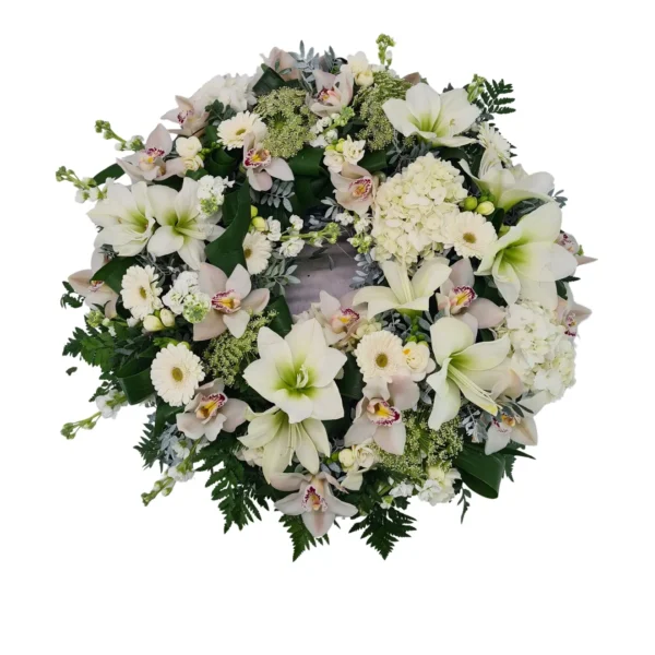 Coroană cu crini, amaryllis și orhidee cymbidium