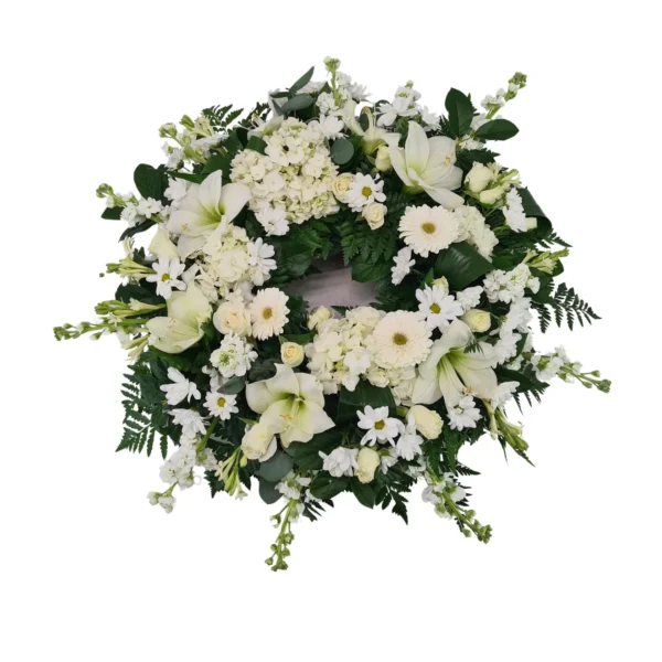 Coroană cu crini, gerbera și crizanteme albe