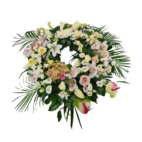 Coroană cu orhidee cymbidium și anthurium roz